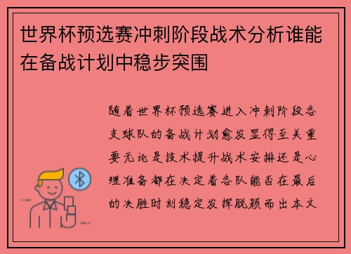 世界杯预选赛冲刺阶段战术分析谁能在备战计划中稳步突围